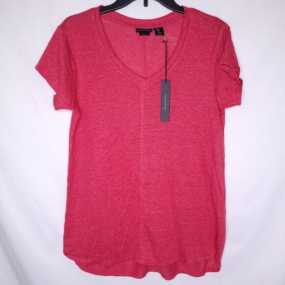 Tahari Linen Shirt Womens Medium Red V Neck NWT - Picture 1 of 11